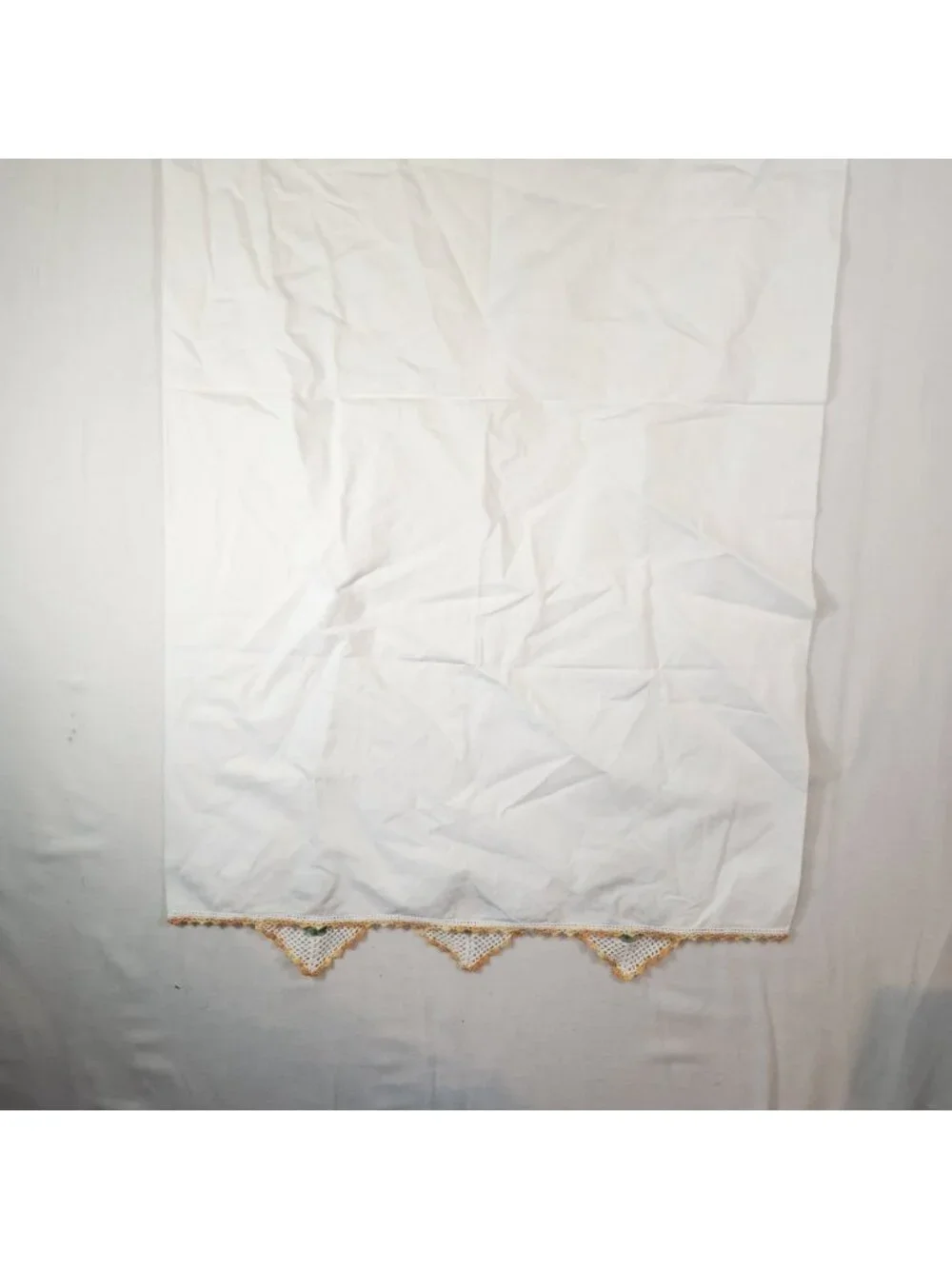 Vintage White Cotton Pillowcase Handmade Crochet Lace Yellow Flower Trim 20x34